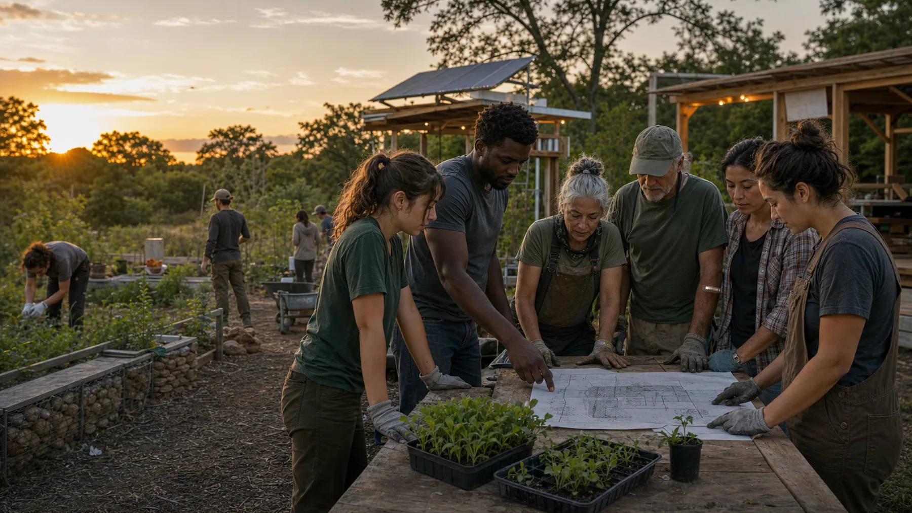 Community members planning a garden and workshop site at sunset