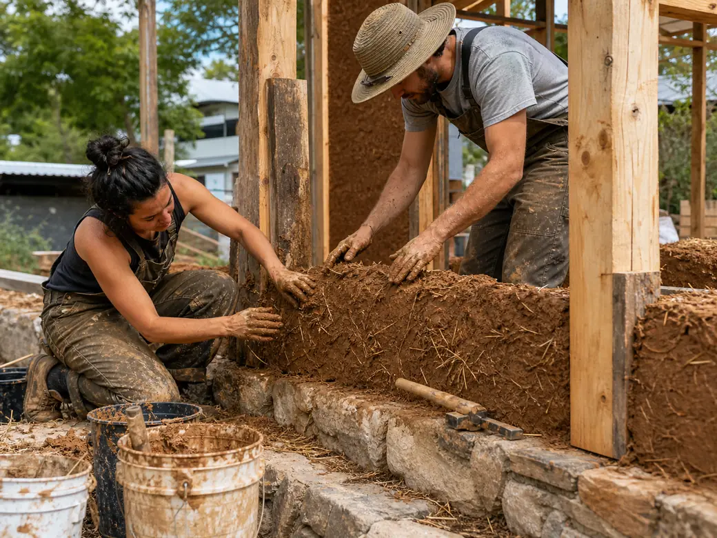 Eco building workshop turning reclaimed lumber into shelter